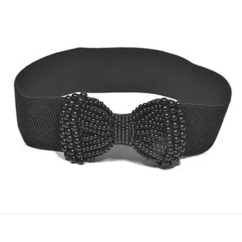 Женский элегантный широкий эластичный пояс на талию, модный универсальный аксессуар для платья с жемчугом и большим бантом, пояс-корсет One Size чёрный
