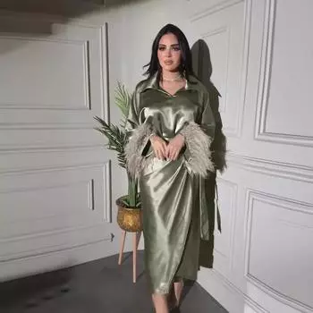 Женский элегантный свадебный вечерний коктейльный комплект с перьями длинное платье макси мусульманский ближневосточный халат Джуба M