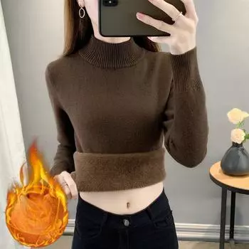 Женский элегантный свитер с подкладкой из плотного бархата, зимний теплый вязаный пуловер с полувысоким воротом, тонкие джемперы, трикотаж S чёрный