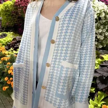 Женский элегантный свободный вязаный кардиган в клетку «чиби» на осень и зиму S небесно-голубой