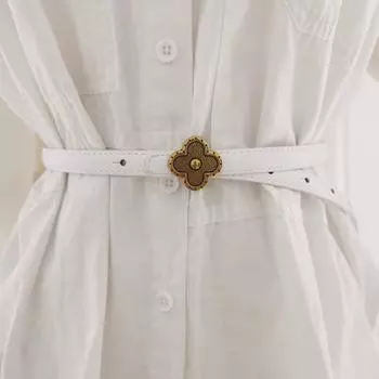 Женский элегантный тонкий пояс с цветочной пряжкой из сплава для работы и отдыха White