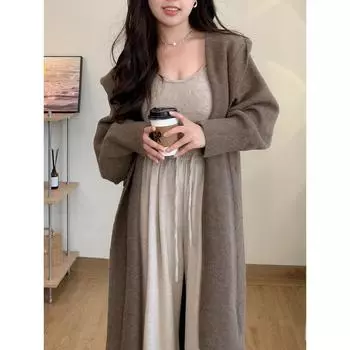 Женский элегантный универсальный свободный жакет в стиле праздного кроя, длинный трикотажный жакет на пуговицах, однотонный осенне-зимний утолщенный кардиган, пальто One Size чёрный