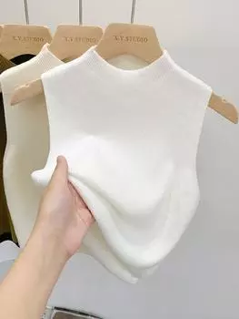 Женский элегантный вязаный топ без рукавов, летний винтажный тонкий свитер, короткий однотонный свитер без рукавов, пуловеры на весну и осень 2025 One Size чёрный