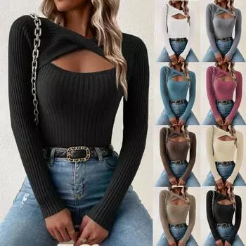 Женский элегантный всесезонный свитер из рубчатой вязки – удобный круглый вырез с шикарным вырезом, высокоэластичный полиэстер S серый