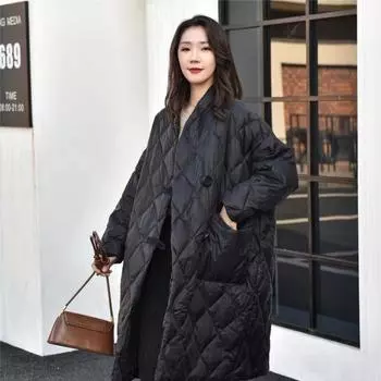 Женский элитный пуховик осенью и зимой, большое свободное пальто средней длины с ромбовидной решеткой, белое пальто на утином пуху XL