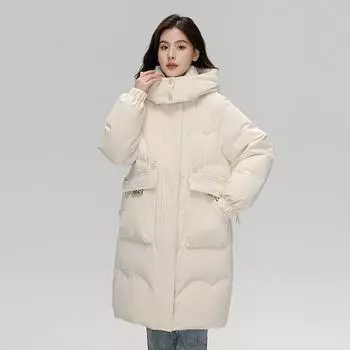 Женский элитный пуховик средней длины, зимняя свободная куртка на белом утином пуху S