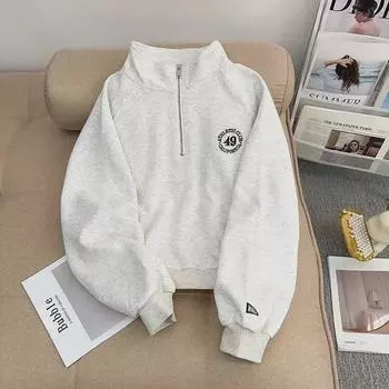 Женский американский ретро-вышитый свитер с полузастежкой-молнией и воротником-стойкой - осень/зима плюс бархатный пуловер 2XL (130-150 jin)