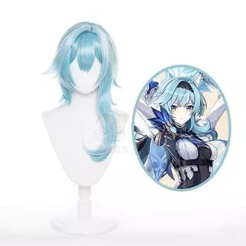 Женский аниме-парик Genshin Impact Eula Косплей Парик Игра Genshin Impact Косплей Синий Смешанный Белый Короткий парик Синтетические волосы Термостойкие 67-70CM небесно-голубой