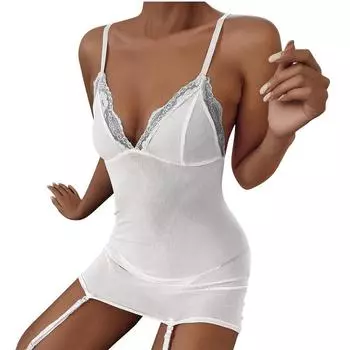 Женский эротический атласный пижамный комплект, сексуальное кружевное нижнее белье, бюстгальтер с v-образным вырезом, стринги с подвязками, нижнее белье, пижамный костюм S