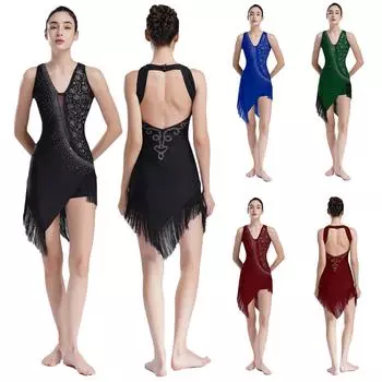 Женский асимметричный бахрома латиноамериканский танцевальный костюм для сцены с V-образным вырезом бальное танго сальса латиноамериканское современное танцевальное платье XL