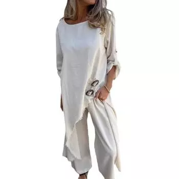 Женский асимметричный комплект из двух предметов с высоким и низким подолом, топ с круглым вырезом и разрезом, широкие брюки, костюм для отдыха, весна-осень, повседневный свободный наряд для повседневной носки, путешествий, пляжа M