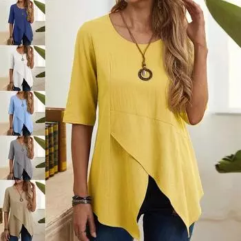 Женский асимметричный пуловер с круглым вырезом, облегающий крой, средний рукав, хлопковая льняная футболка S серый