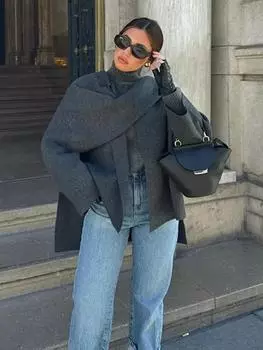 Женский асимметричный шарф, вязаная куртка с круглым вырезом, одна пуговица, боковой разрез, однотонное свободное пальто, зимняя новая женская шикарная верхняя одежда S