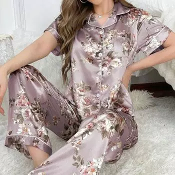 Женский атласный комплект из 2 предметов, осенний топ с коротким рукавом и длинные брюки, пижамные комплекты из шелка, домашняя одежда для женщин, домашняя одежда S синий