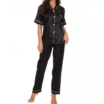 Женский атласный пижамный комплект для вечеринок, женская пижама из 2 предметов, повседневная домашняя одежда с коротким рукавом, летняя осенняя пижама больших размеров, шелковый комплект для сна M