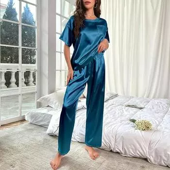 Женский атласный пижамный комплект, осенний топ с коротким рукавом и длинными штанами, комплект из 2 предметов для женщин, повседневный домашний свободный пижамный комплект S