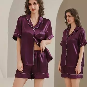 Женский атласный пижамный комплект, роскошный топ с короткими рукавами, отложным воротником, на пуговицах и шорты, одежда для сна и отдыха на лето S