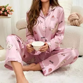 Женский атласный пижамный комплект с принтом осенних сердец, рубашка с длинными рукавами и пуговицами, топы, длинные брюки, одежда для сна, домашняя одежда, комплект из 2 предметов S розовый