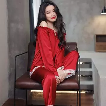 Женский атласный пижамный комплект в стиле французской принцессы во дворце, милый пижамный костюм с длинными рукавами M синий