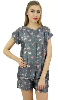 Женский атласный серый пижамный комплект Bimba с цветочным принтом, рубашка на пуговицах, шорты, ночное платье-10 12 серый