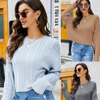 Женский атласный топ в ленивом стиле с круглым вырезом, вязаный короткий свитер с косами, свободный универсальный однотонный свитер-пуловер S синий