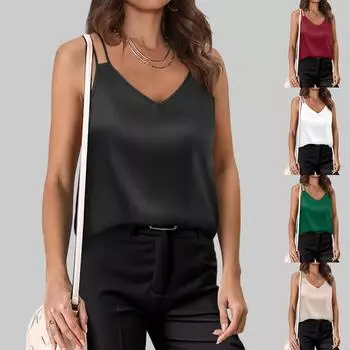 Женский атласный жилет без рукавов с v-образным вырезом на бретельках, вечерние повседневные свободные футболки S чёрный