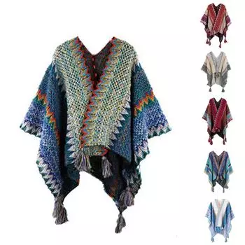 Женский этнический стиль ретро Sassel Head Cape Толстый цветной полосатый шарф-шаль One Size синий