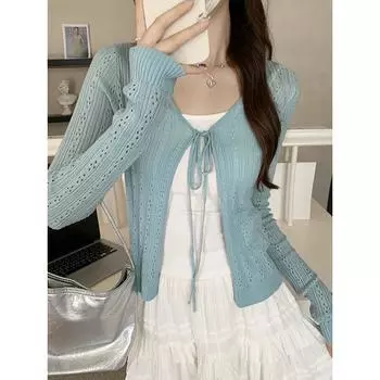 Женский ажурный кардиган с длинными рукавами, защищающий от солнца, на раннюю осень с небольшой кофточкой, короткой шалью и небольшим пальто One Size