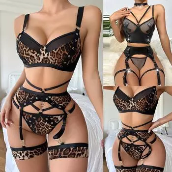 Женский бандо леопардовый сетчатый жилет + трусики + чулки + ножные петли комплект халаты пижамы S