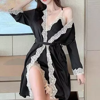Женский банный халат с кружевной отделкой, ночная рубашка с подтяжками, комплект из двух предметов, сексуальный мини-халат из вискозы, свободная повседневная домашняя одежда M