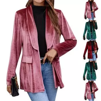 Женский бархатный пиджак с длинным рукавом, заостренными лацканами, на пуговицах, рабочая куртка с карманами L темно-зеленого