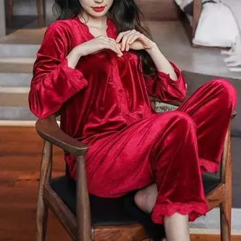 Женский бархатный пижамный комплект с длинным рукавом и пуговицами, мягкая домашняя одежда из 2 предметов, пижамный комплект с кружевными оборками, осень-зима-весна M чёрный