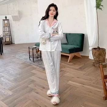 Женский бархатный пижамный комплект с принтом, осенне-зимняя теплая бархатная домашняя одежда, свободный крой, повседневная пижама с длинными рукавами и длинными брюками M