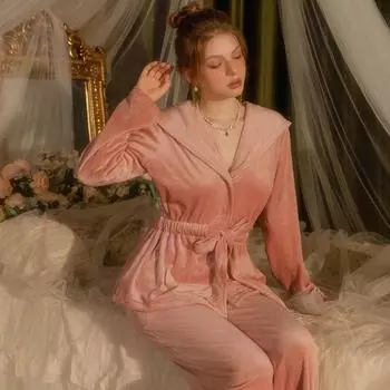 Женский бархатный пижамный комплект, сексуальный халат с капюшоном, кимоно, брюки, комплект, осенняя и зимняя пижама, милая домашняя пижама M белый