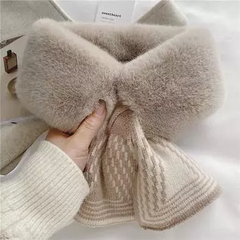 Женский бархатный полосатый шарф на осень и зиму - теплый меховой воротник в корейском стиле