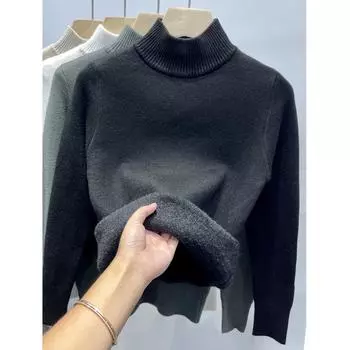 Женский бархатный свитер с полувысоким воротником, осенне-зимний, с длинным рукавом, плюшевый, модный, однотонный, вязаный свитер, теплые, повседневные, модные, женские, базовые джемперы 29261 One Size чёрный