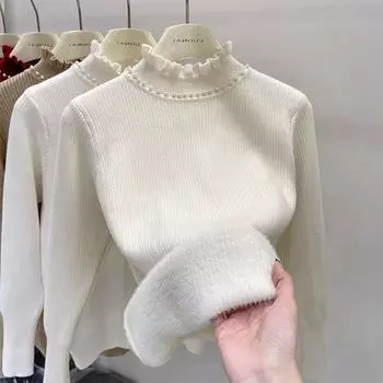 Женский бархатный вязаный свитер с бусинами - осень/зима, полувысокий воротник S