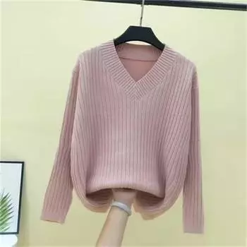 Женский базовый свитер с v-образным вырезом, теплые толстые свободные пуловеры, однотонный джемпер, повседневный топ, осень-зима One size розовый