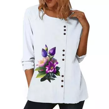 Женский белый хлопковый повседневный топ с длинными рукавами, 6 яркими цветочными принтами и круглым вырезом S