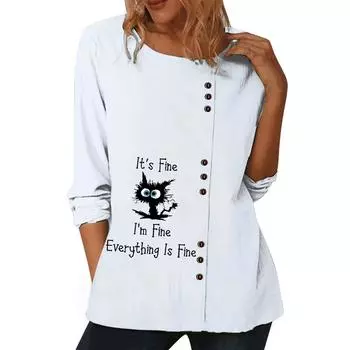 Женский белый хлопковый повседневный топ с длинными рукавами, 6 яркими цветочными принтами и круглым вырезом S