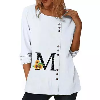 Женский белый хлопковый повседневный топ с круглым вырезом, длинными рукавами, буквенным принтом и пуговицами S