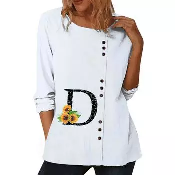 Женский белый хлопковый повседневный топ с круглым вырезом, длинными рукавами, буквенным принтом и пуговицами S