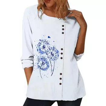 Женский белый хлопковый топ с круглым вырезом, длинными рукавами и 6 яркими цветочными узорами S