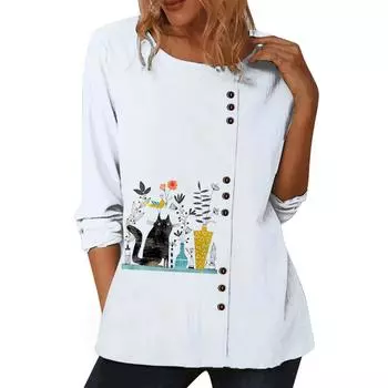 Женский белый хлопковый топ с круглым вырезом и длинными рукавами, 6 популярными цветочными узорами и украшениями на пуговицах S