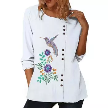 Женский белый хлопковый топ с круглым вырезом, длинными рукавами и 6 яркими цветочными узорами S