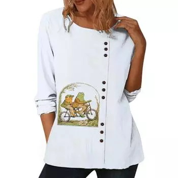 Женский белый хлопковый топ с круглым вырезом и длинными рукавами, 6 популярными цветочными узорами и украшениями на пуговицах S