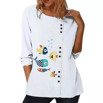Женский белый хлопковый топ с круглым вырезом, длинными рукавами и 6 яркими цветочными узорами S