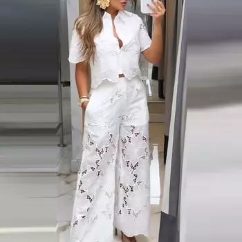 Женский белый кружевной костюм-двойка: топ с коротким рукавом и брюки широкого кроя с цветочной вышивкой XS белый