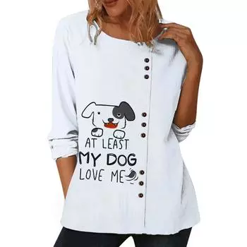 Женский белый повседневный топ с различными принтами, круглым вырезом и длинными рукавами S