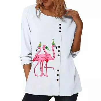 Женский белый повседневный топ с различными принтами, круглым вырезом и длинными рукавами S